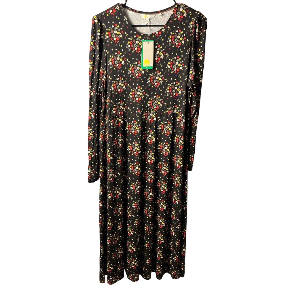 Boden Black Floral EcoVero Viscose Long Sleeve Midi Dress D0338 BCK US 12R NEW